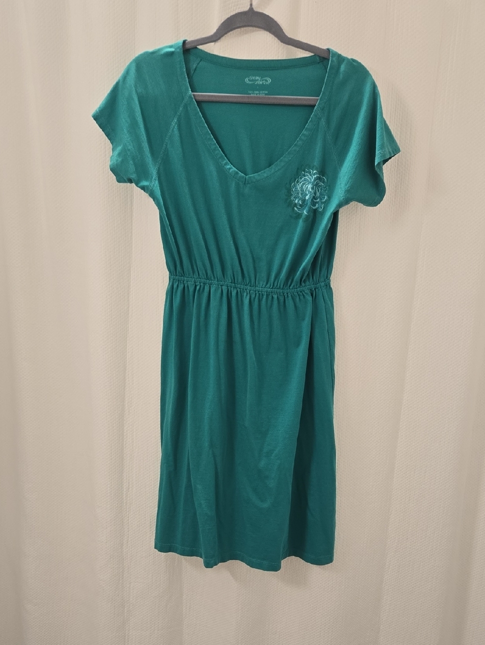 NWOT 100% Pima Cotton Casual Green V-Neck Elastic Waist Dress With Embroidery